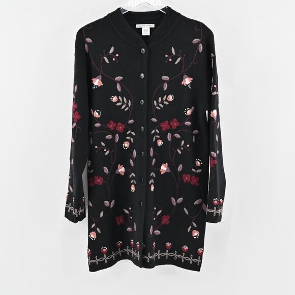 Vtg Floral Embroidered Sweater Womens Size‎ S Black Wool Longline JILLIAN JONES - Picture 1 of 11